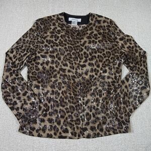Exclusively Misook Women Med Brown Leopard Sequin Zip Front Chic Elegant Jacket
